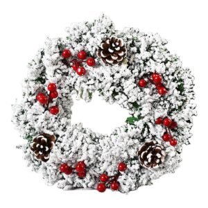 Ochine Snow Flocked Christmas Wreath 12'' Artificial Winter Front Door Wreath Pinecones Mixed Decoration A