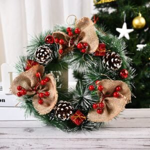 Ochine Snow Flocked Christmas Wreath 12'' Artificial Winter Front Door Wreath Pinecones Mixed Decoration B
