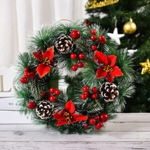 Ochine Snow Flocked Christmas Wreath 12'' Artificial Winter Front Door Wreath Pinecones Mixed Decoration C