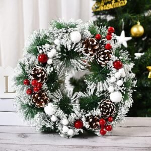 Ochine Snow Flocked Christmas Wreath 12'' Artificial Winter Front Door Wreath Pinecones Mixed Decoration D